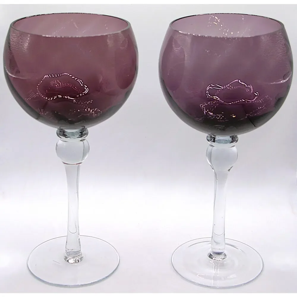 2 Pier 1 Imports Amethyst Purple Crystal Goblets Clear Stem 7.5” Wine Glasses